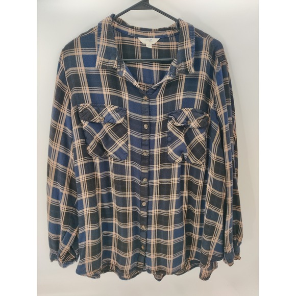 Terra & Sky Women's 3X Plaid Flannel Shirt Button Down Long Sleeve Blue Black - Picture 1 of 8